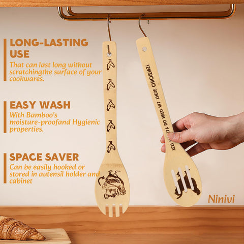Ninivi natural bamboo spoons with nonstick surface for cookware protection