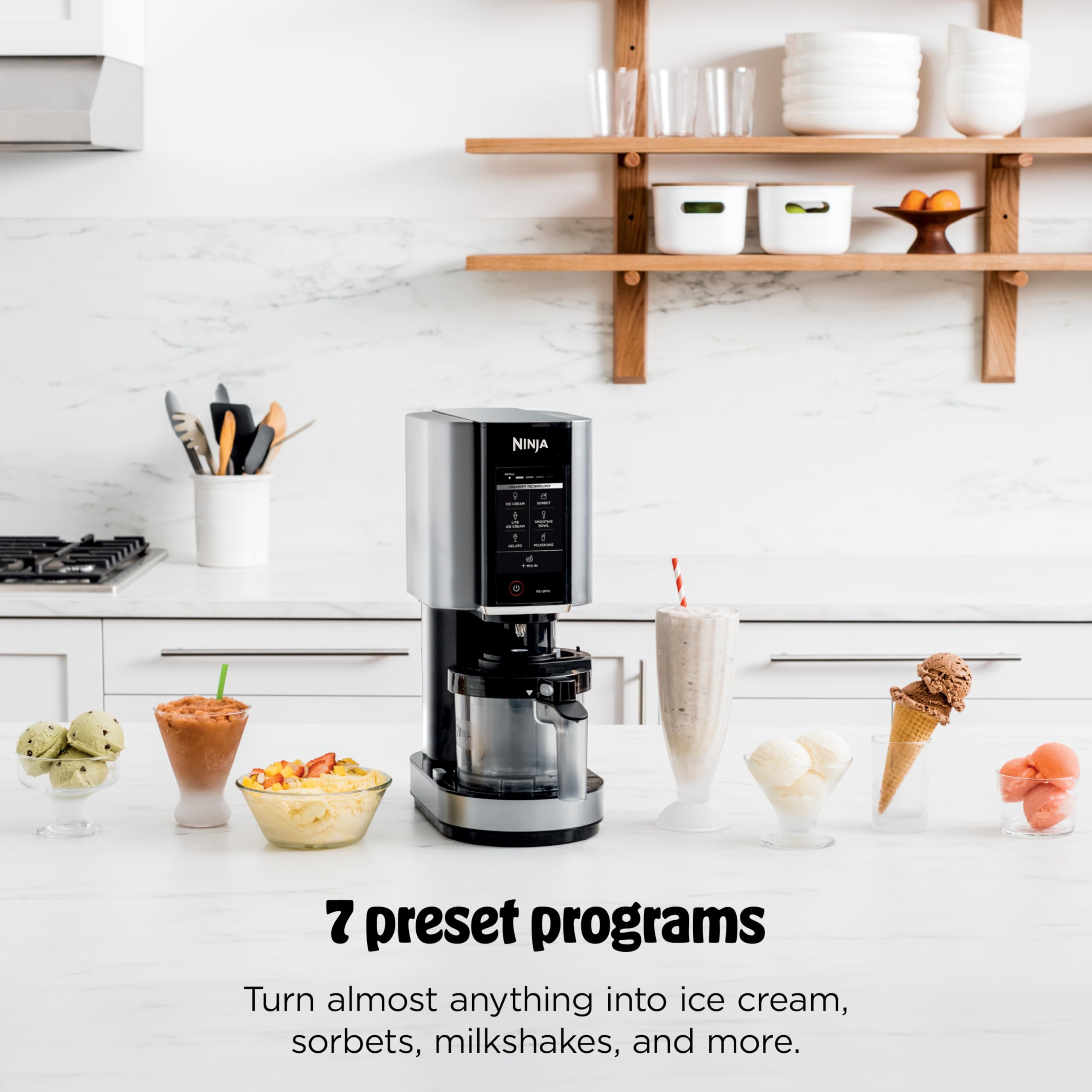 Ninja CREAMi seven-programs display showing options for a range of frozen desserts.