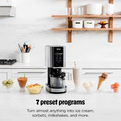 Ninja CREAMi seven-programs display showing options for a range of frozen desserts.