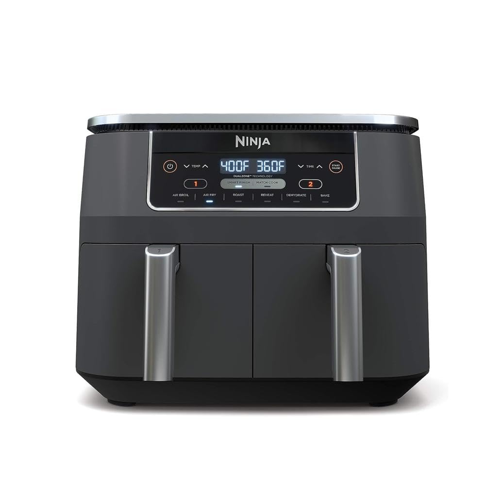 Ninja DZ201 dual-zone baskets allow cooking two foods at once.