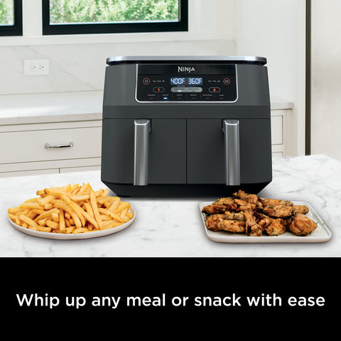 Ninja DZ201 easy-clean baskets and dishwasher-safe crisper plates for simple cleanup.