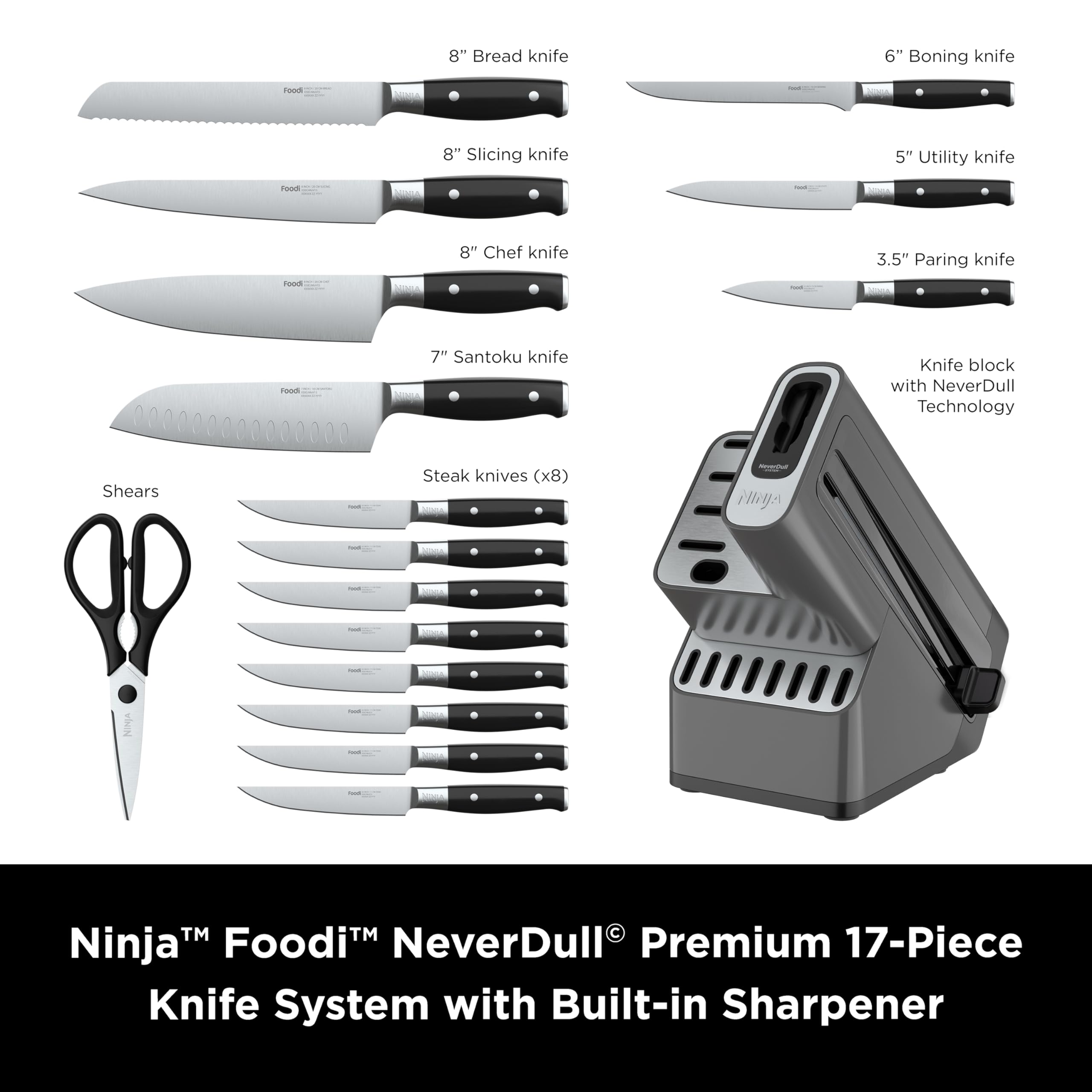 Ninja Foodi NeverDull 8-inch chef knife shown with balanced grip for comfortable use