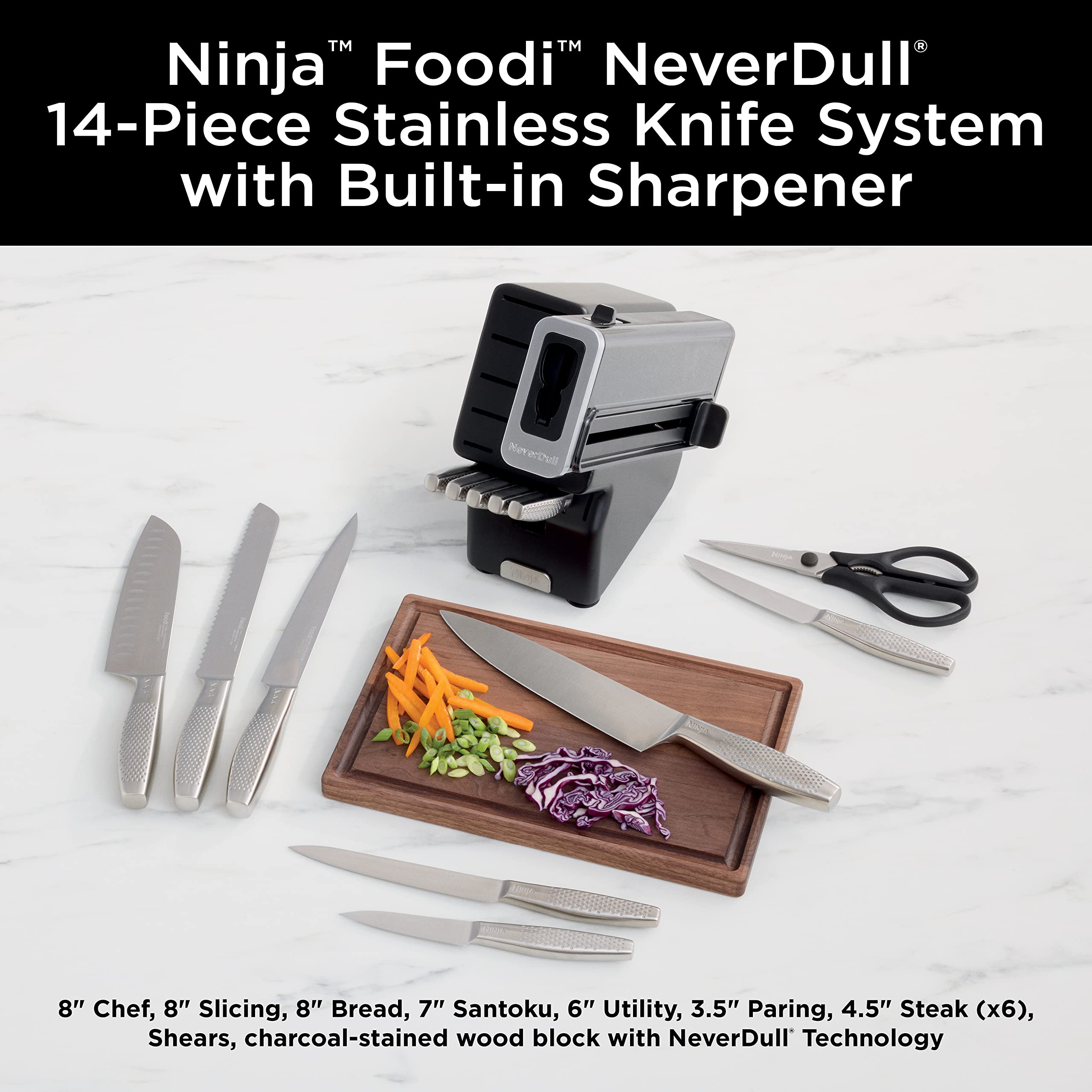 Ninja NeverDull 8-inch chef knife with precise edge for clean chopping.
