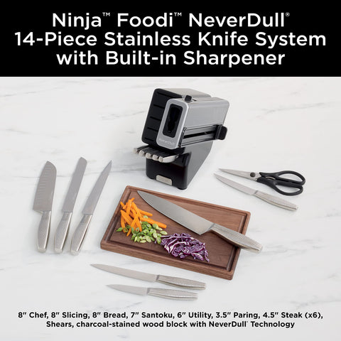 Ninja NeverDull 8-inch chef knife with precise edge for clean chopping.