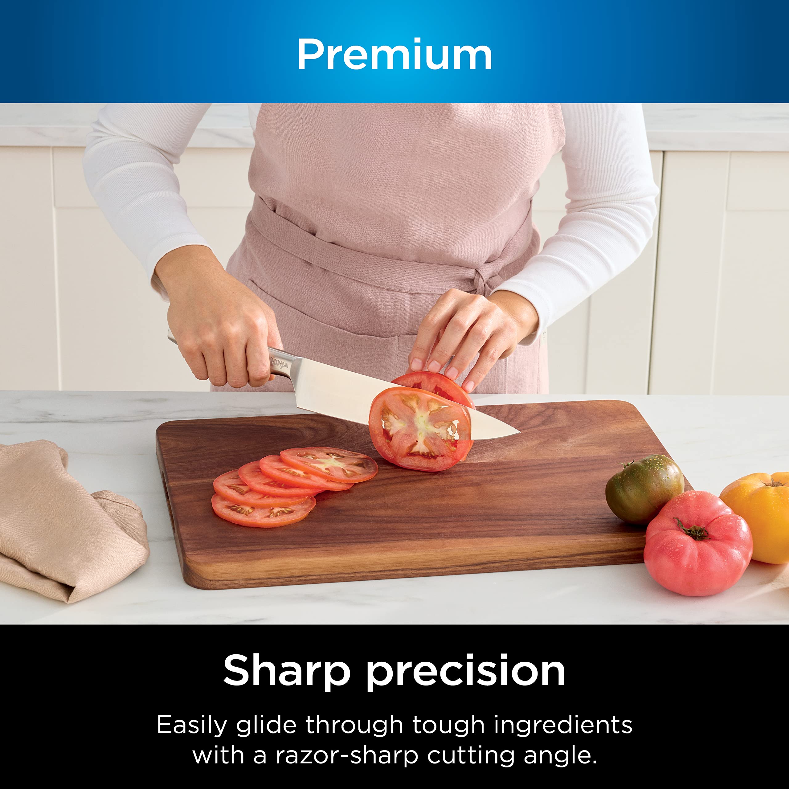 Ninja NeverDull 8-inch slicing knife ready for effortless meat and vegetable slicing.