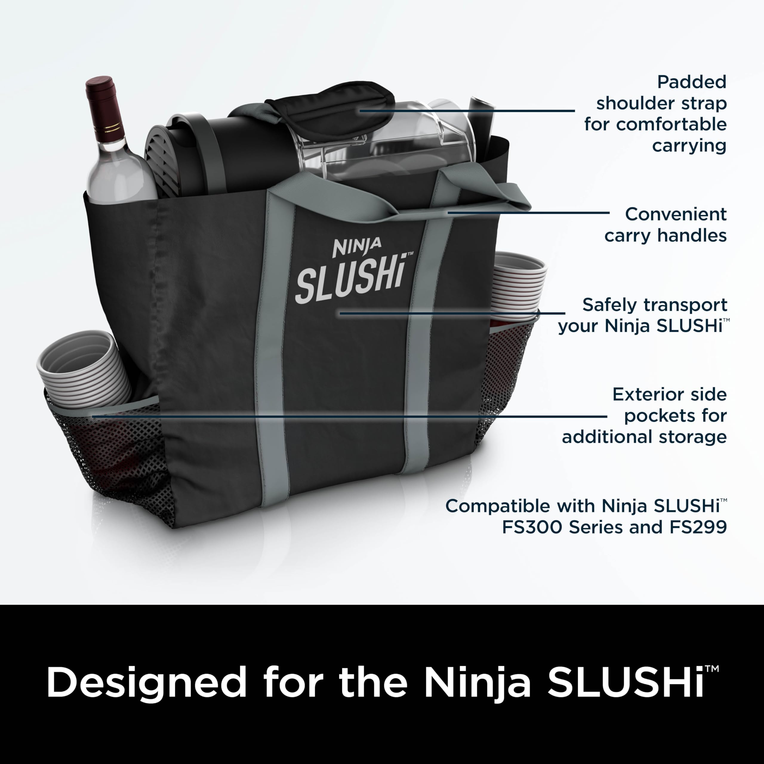 Ninja SLUSHi tote with FS300/FS299 compatibility icons shows versatility.