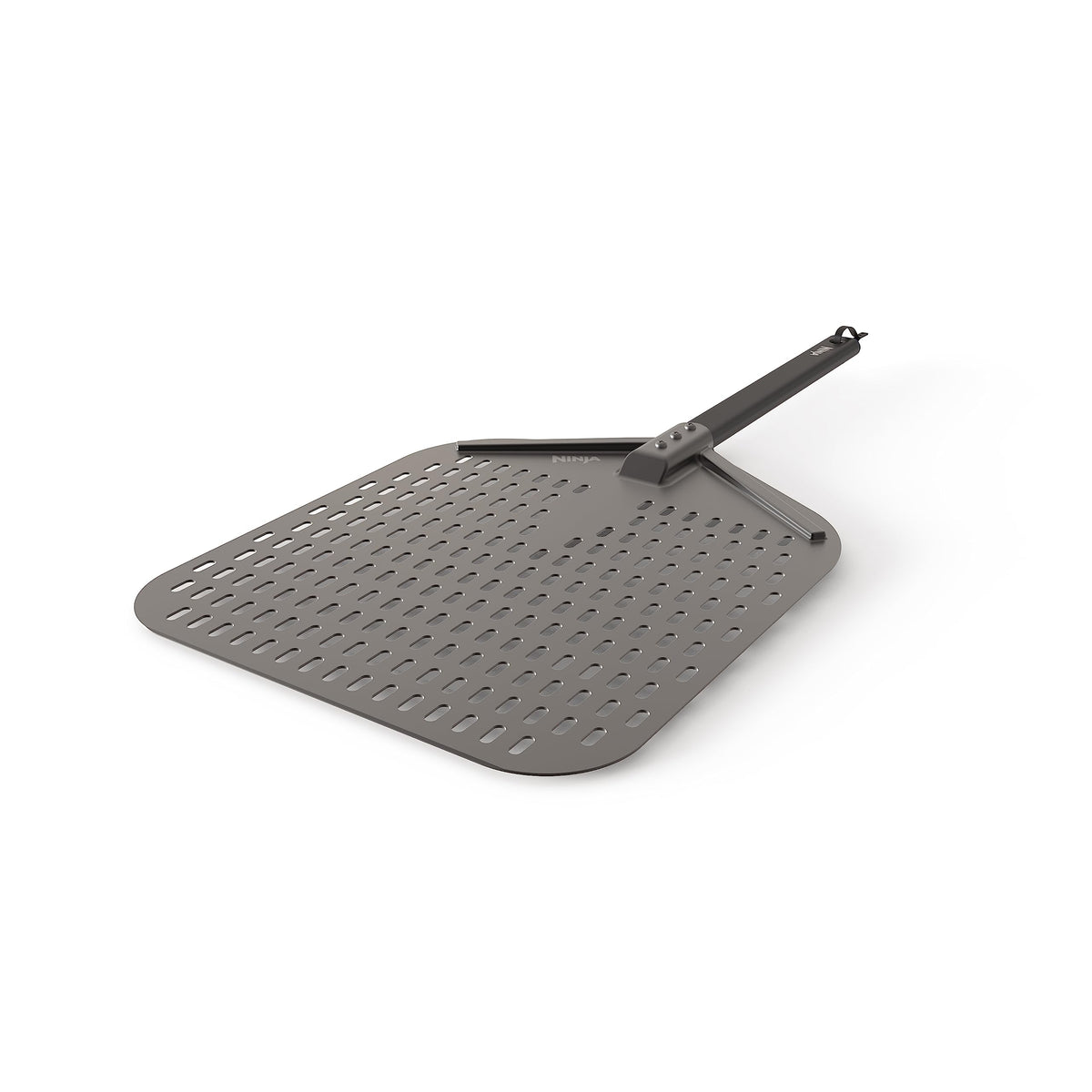Ninja Woodfire perforated pizza peel with hanging drawstring for easy storage and handling.