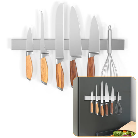 Ninonly 16-inch magnetic knife holder on fridge provides quick, secure access.