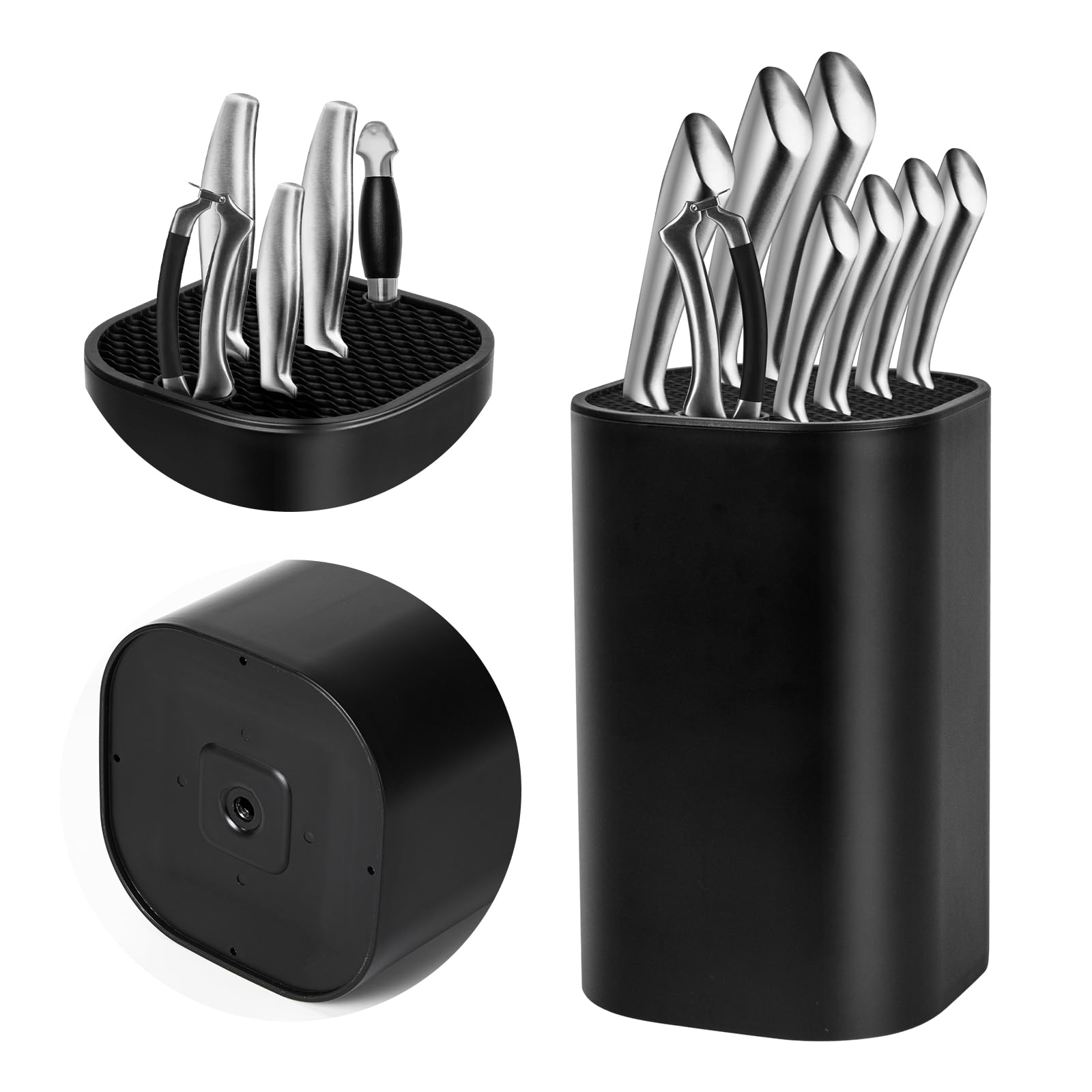 Ninonly black knife block without knives keeps up to 12 blades organized.