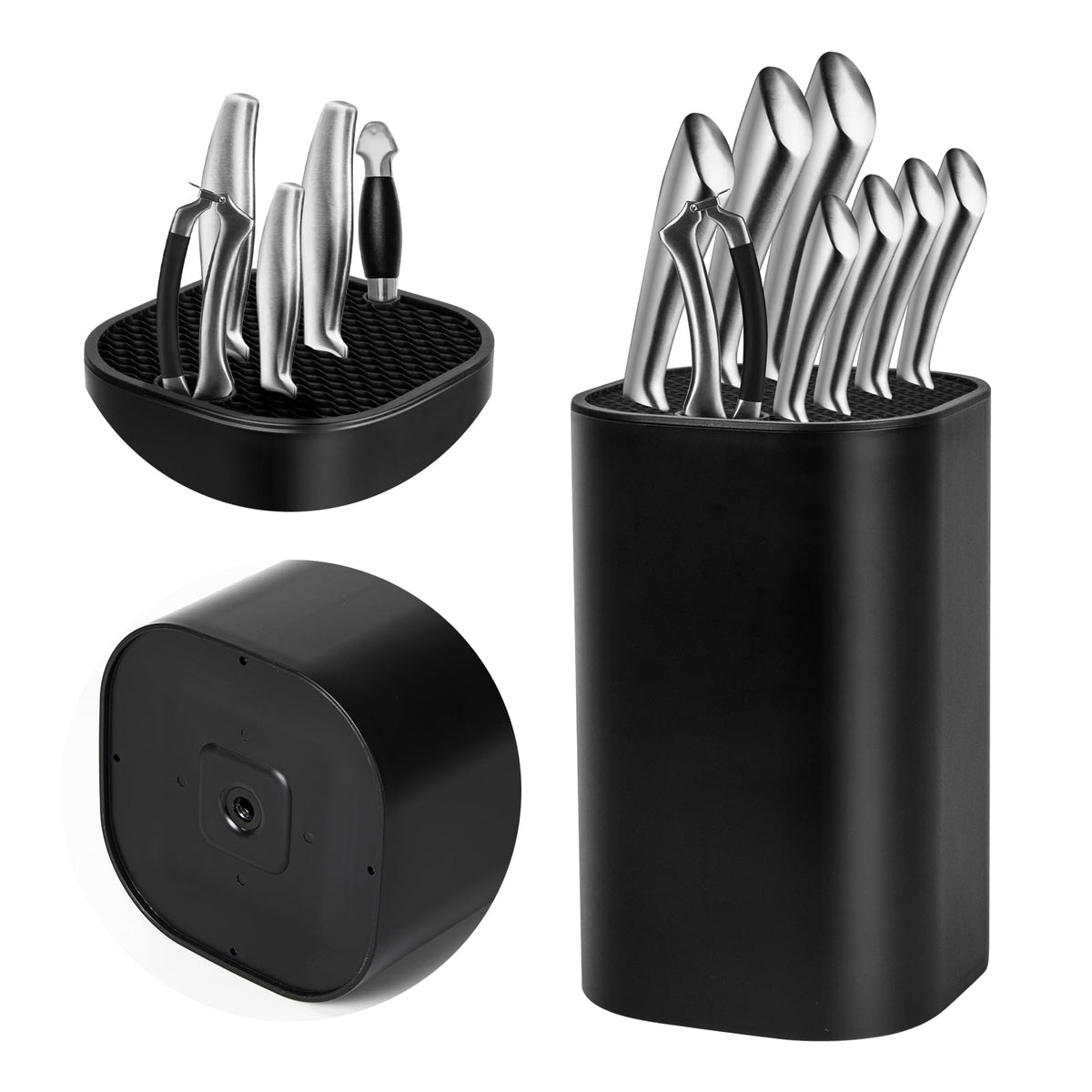 Ninonly black knife block without knives keeps up to 12 blades organized.