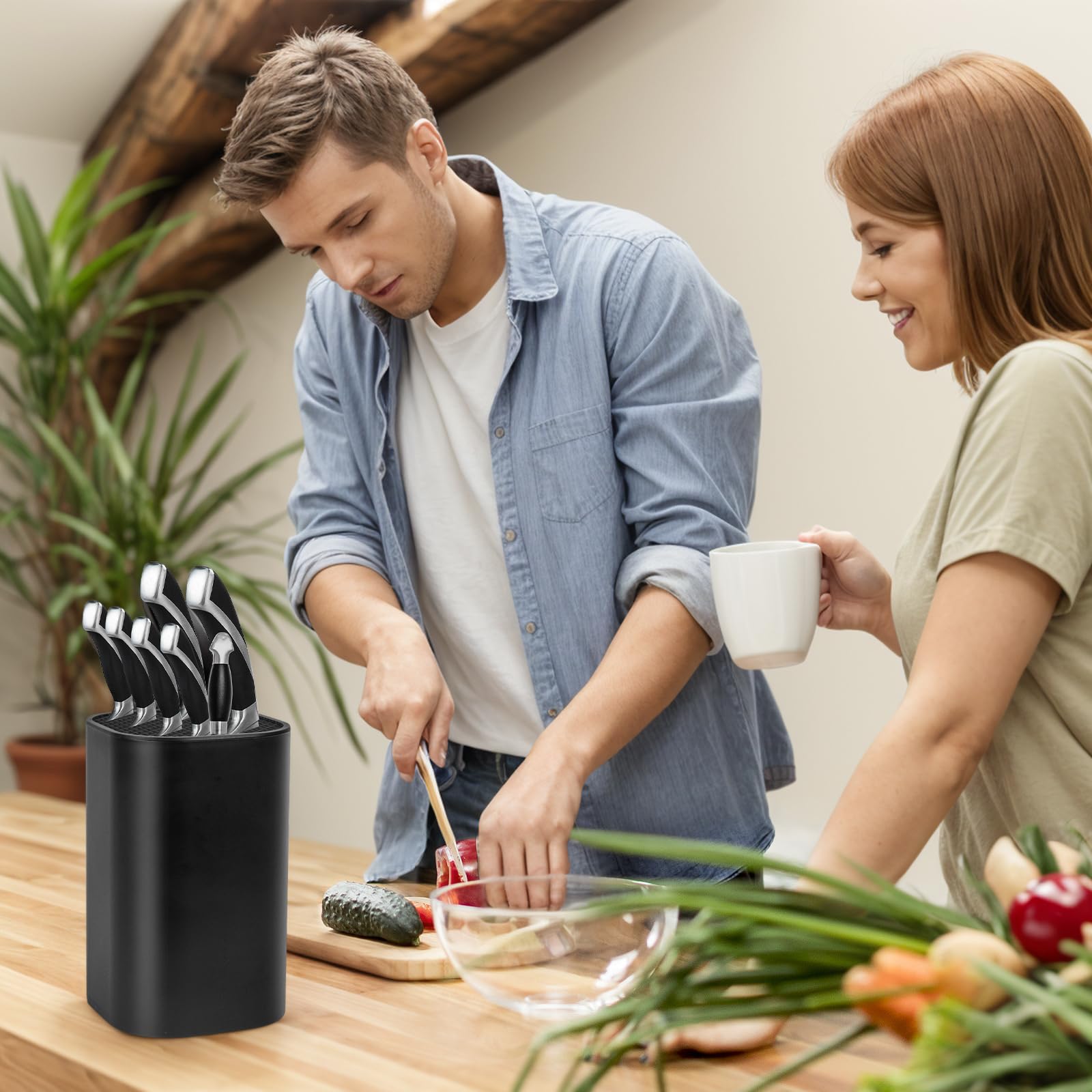 Ninonly knife block keeps blades within easy reach.