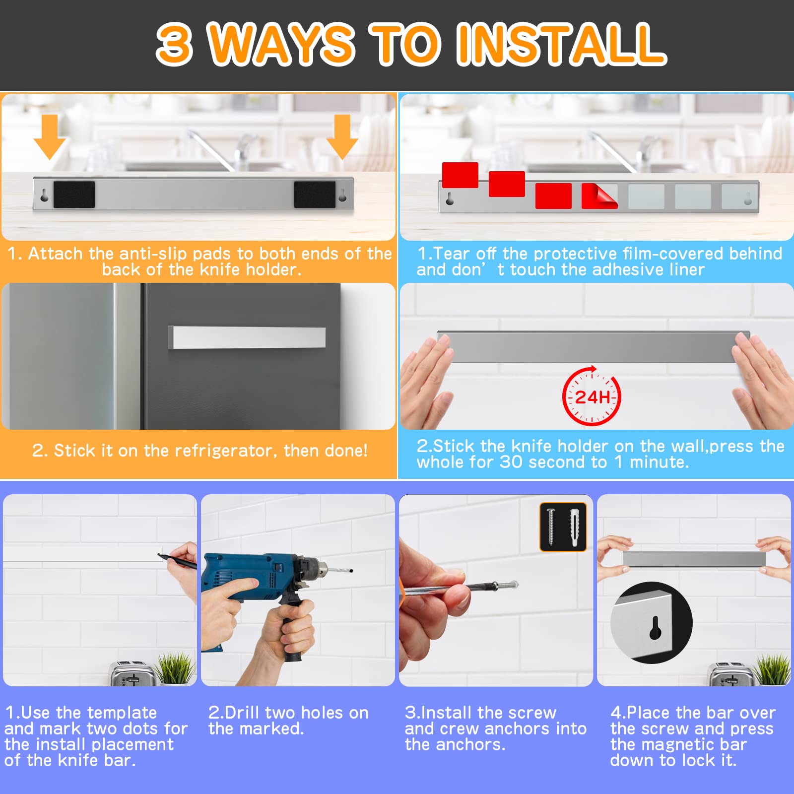 Ninonly fridge-mounted knife holder securely holds a full knife collection.
