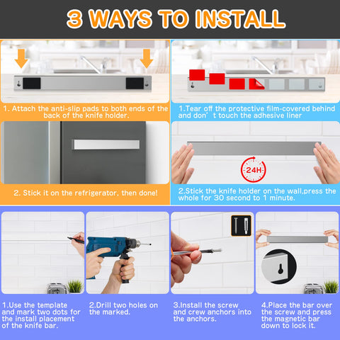 Ninonly fridge-mounted knife holder securely holds a full knife collection.
