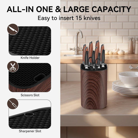 Ninonly knife block with scissors slot keeps kitchen tools within easy reach.