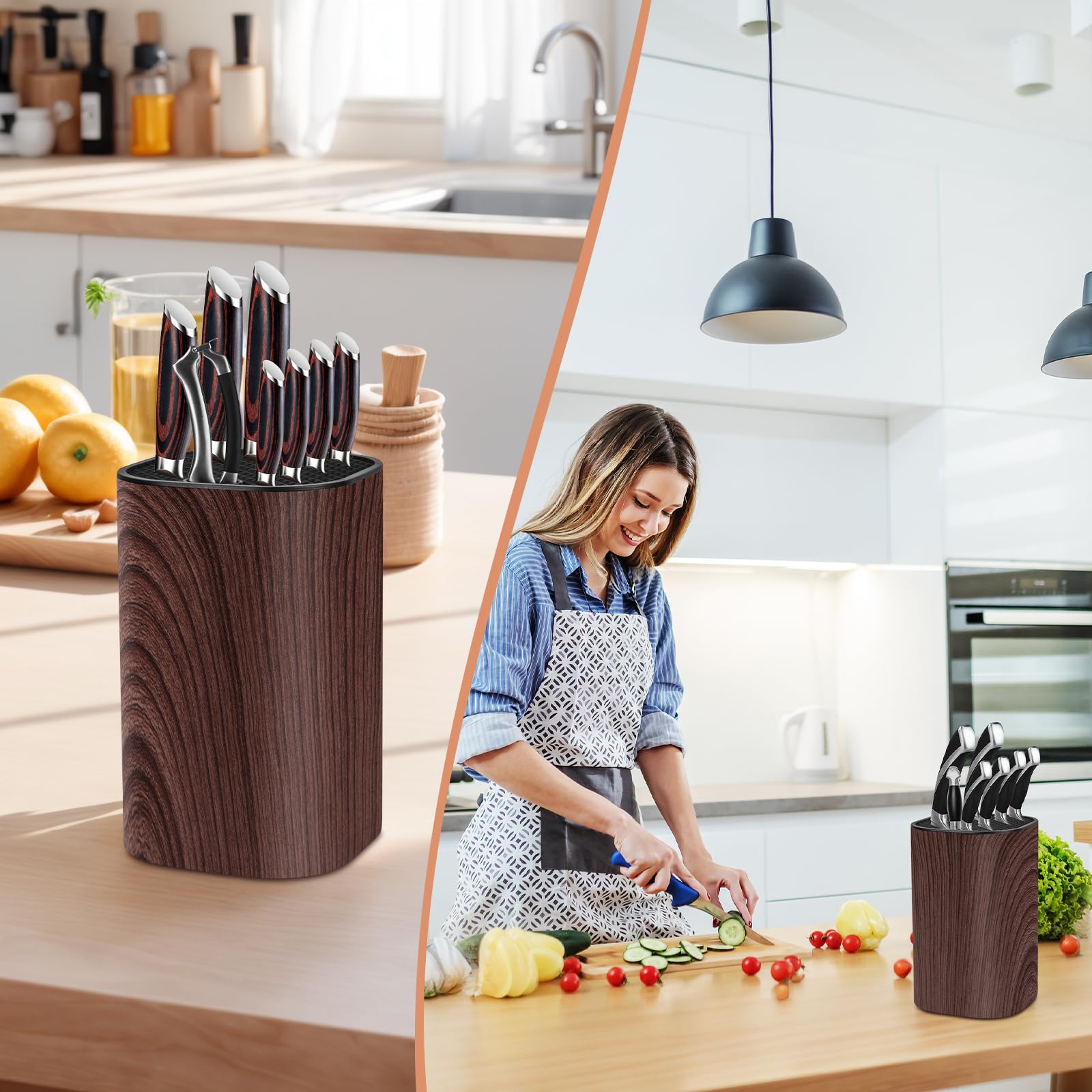 Ninonly knife block with sharpening rod slot enables convenient edge maintenance.