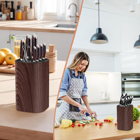 Ninonly knife block with sharpening rod slot enables convenient edge maintenance.