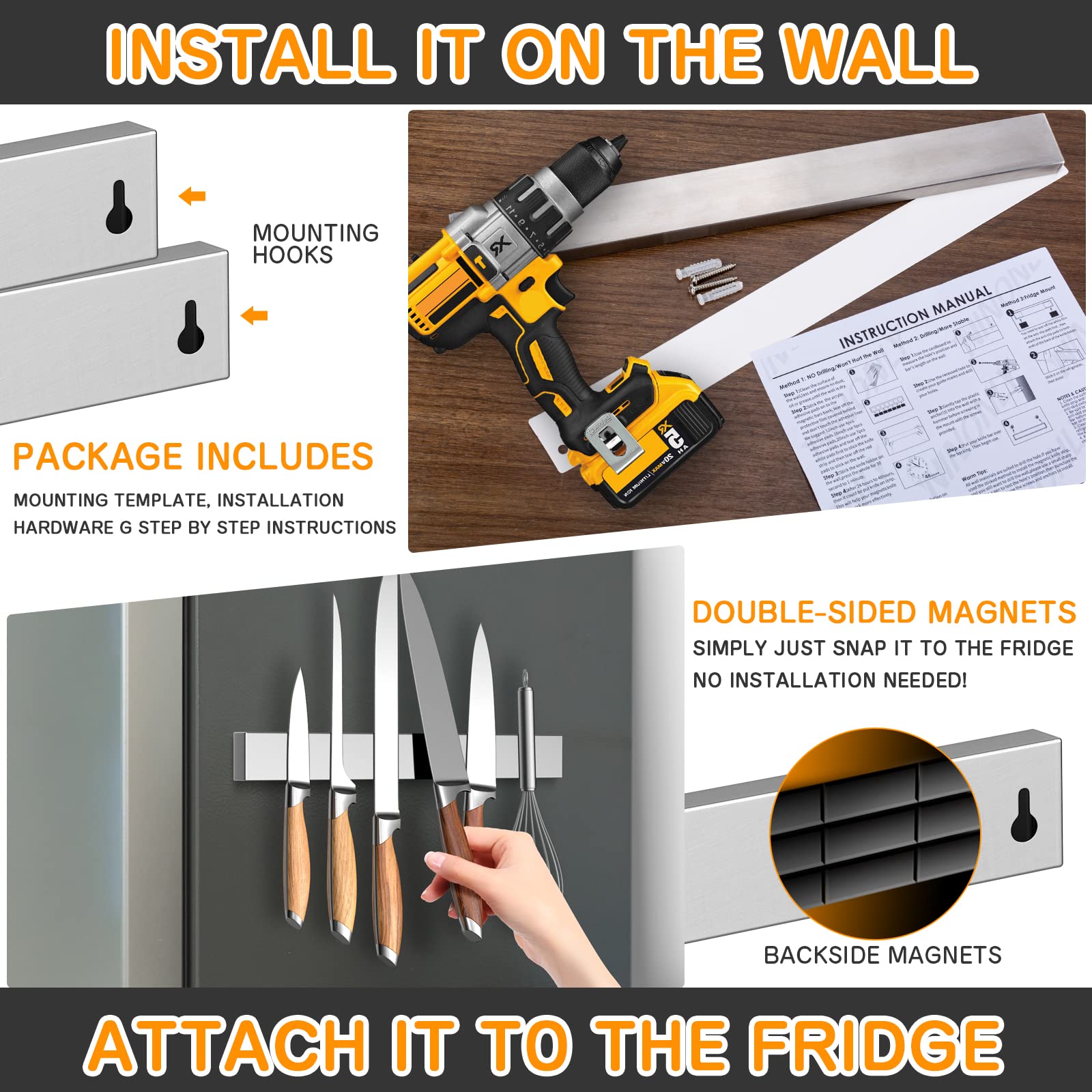 Ninonly multipurpose magnetic strip serves as tool holder and organizer.