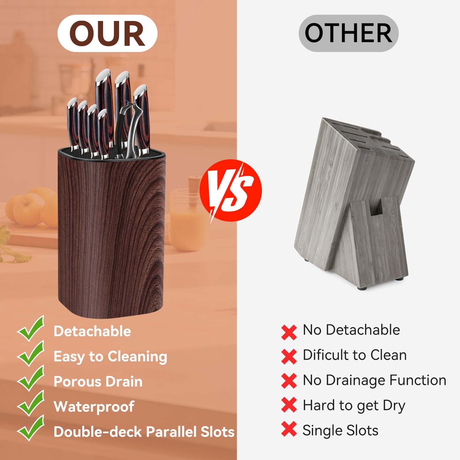 Ninonly space-saving brown knife block blends with modern kitchen decor.