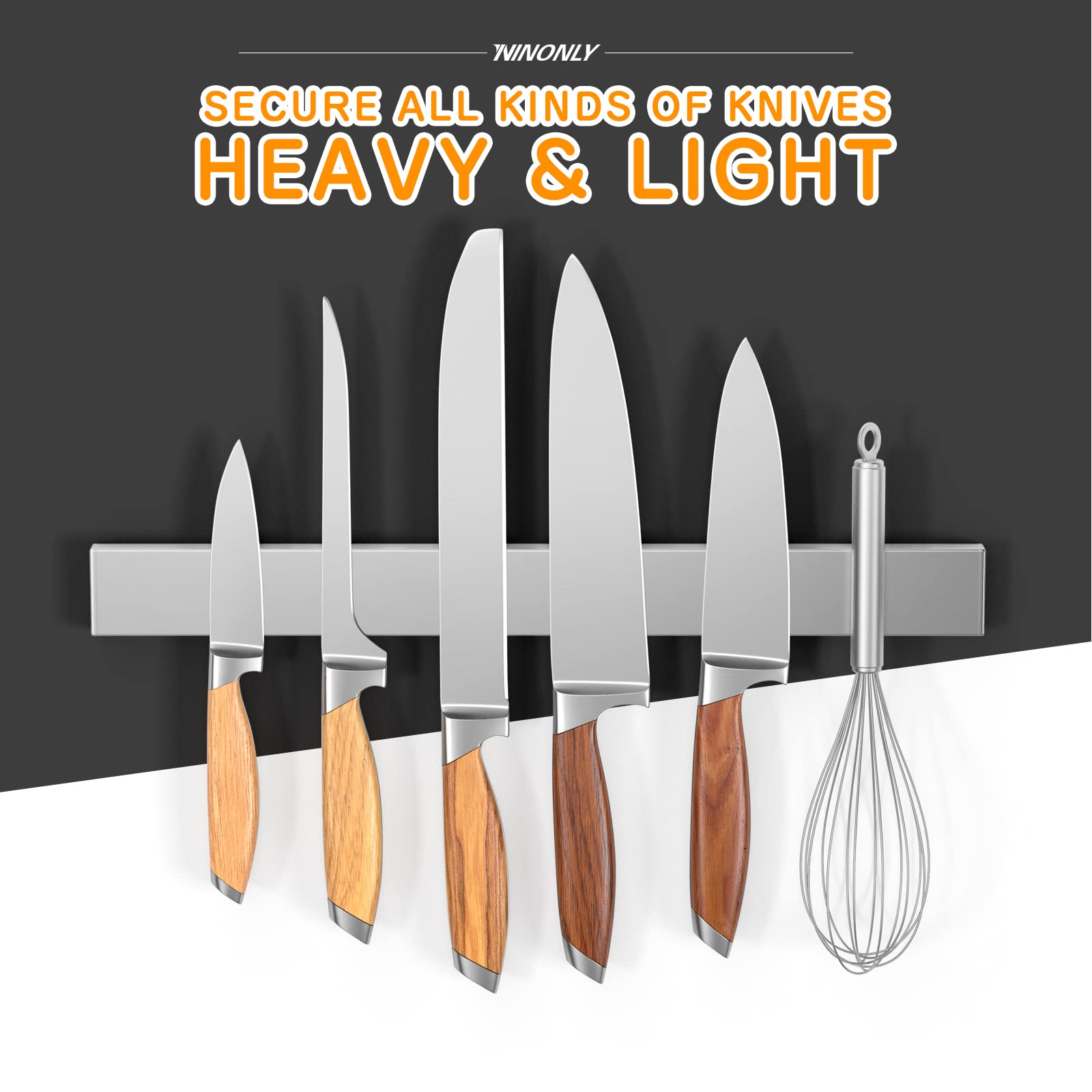 Ninonly stainless steel knife strip wall mount adds sleek, durable storage.