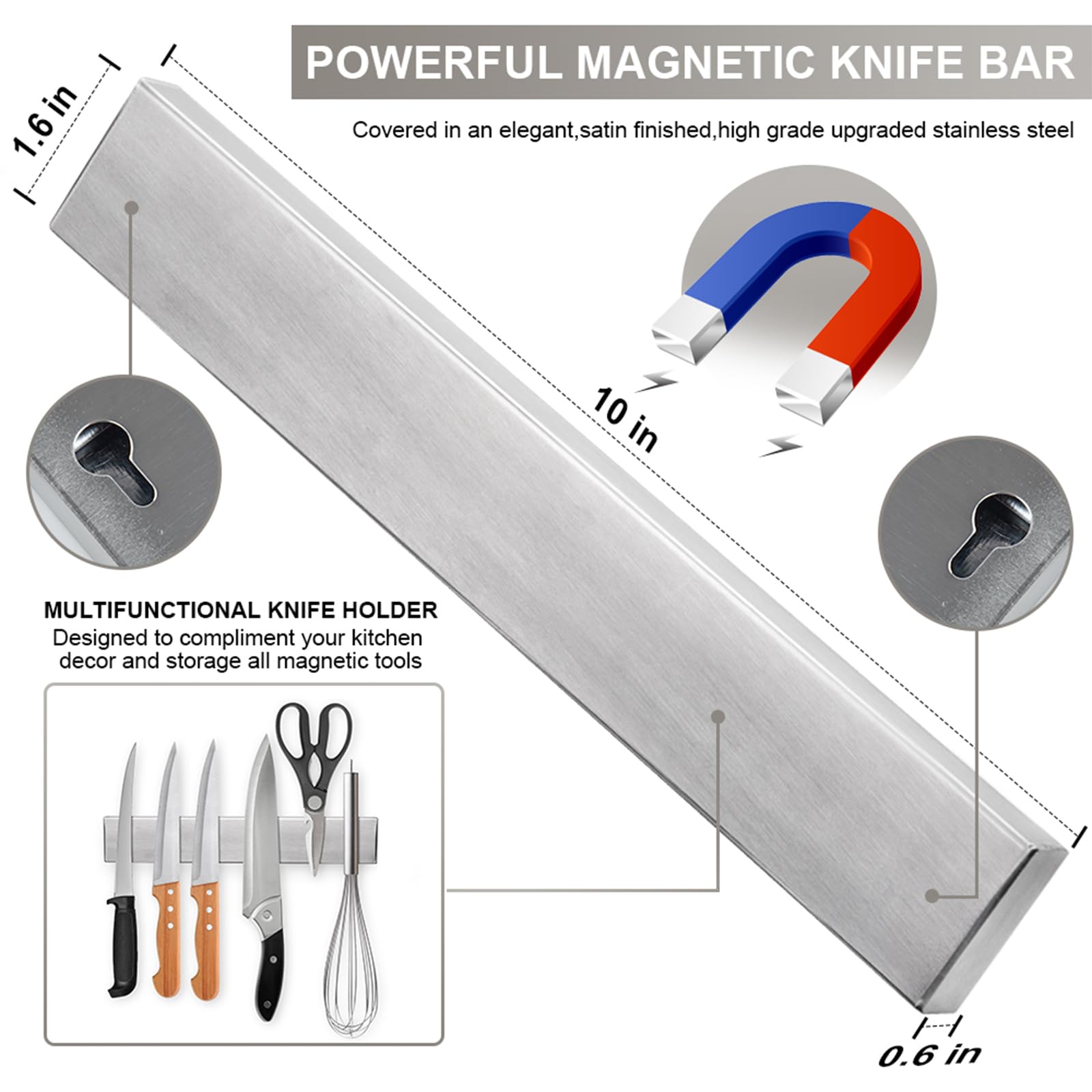 Ninonly stainless steel wall-mounted knife bar adds modern style and saves counter space.