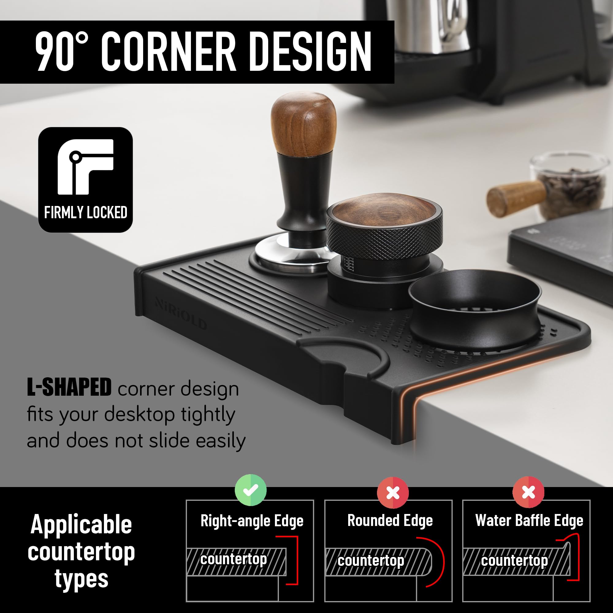 niriodl corner overhang design prevents sliding during busy espresso sessions.