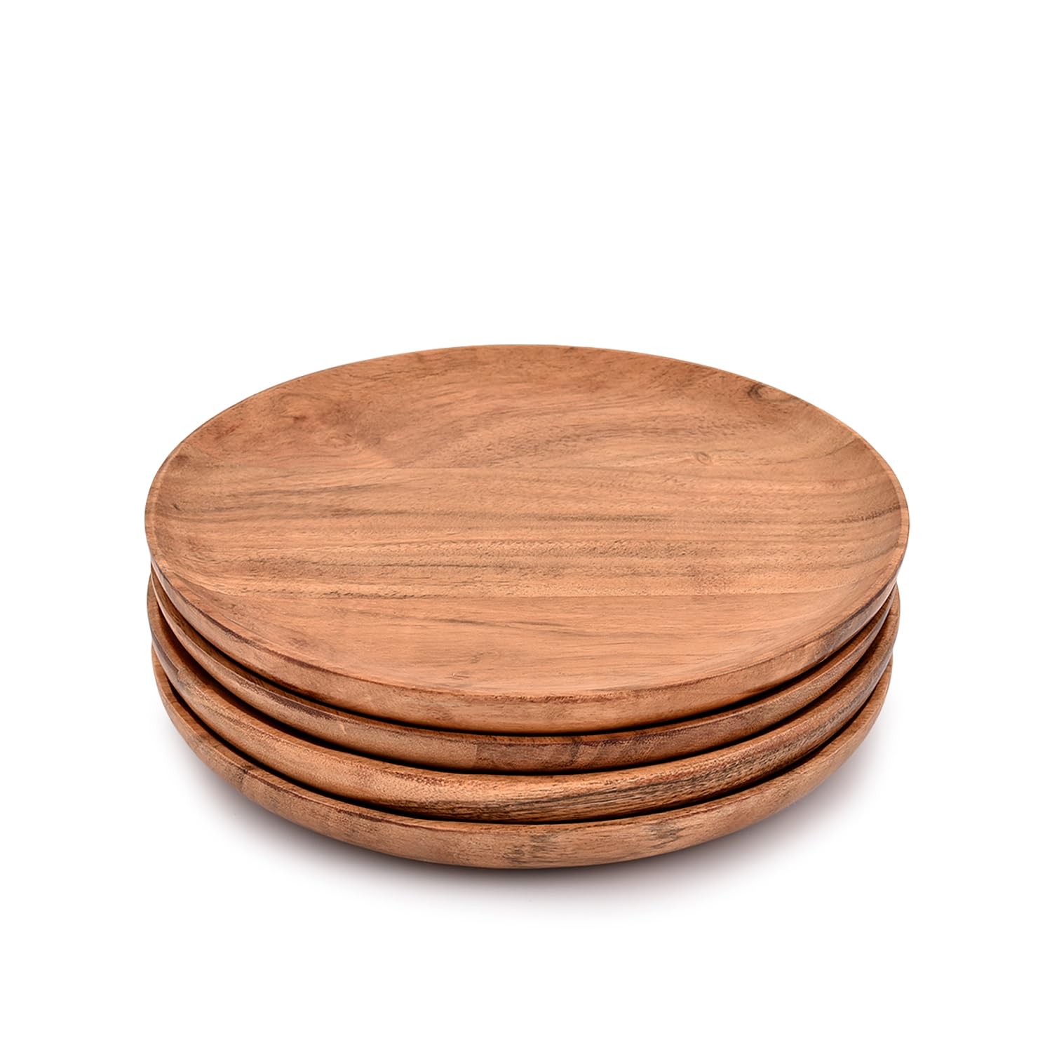 NIRMAN acacia wood dinner plates, edge detail with lip to prevent spills.
