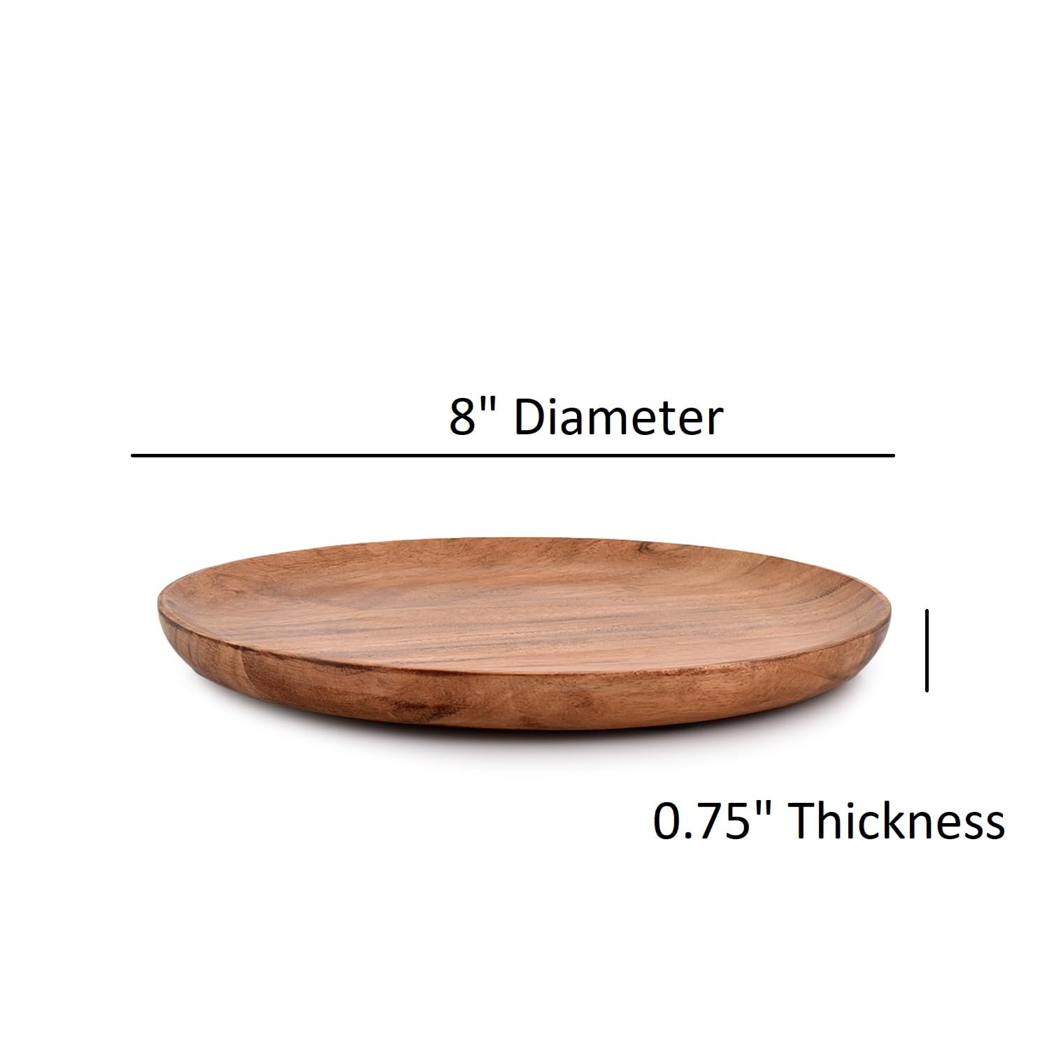 NIRMAN acacia wood dinner plates size eight-inch round, sturdy and versatile.