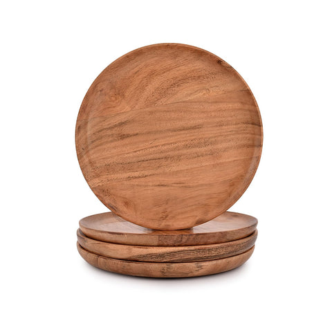 NIRMAN acacia wood dinner plates, top view showcasing natural finish for everyday dining.