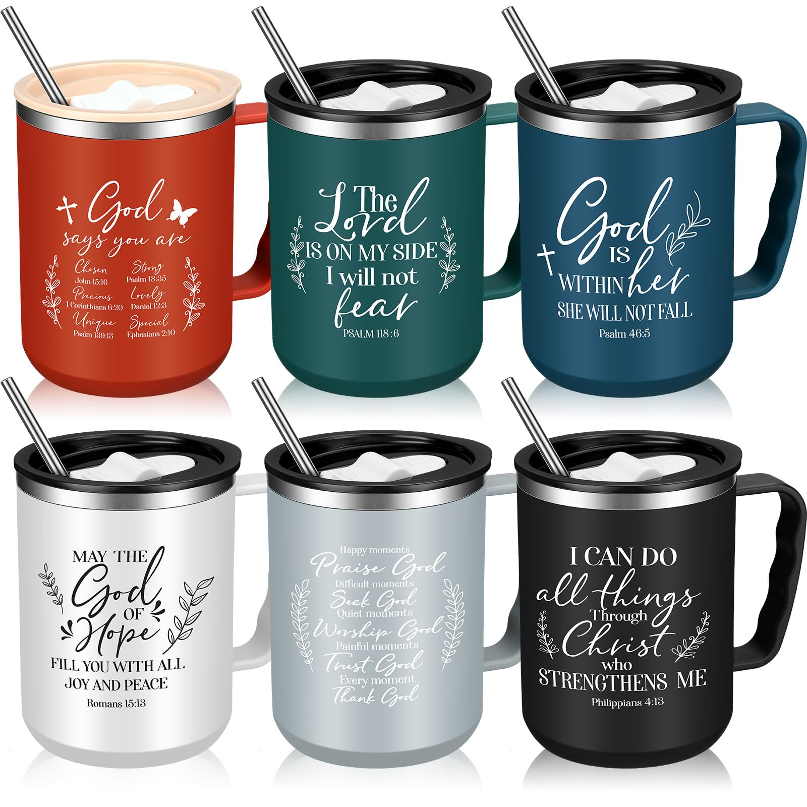 Nitial Christian mug set with lids and straws for daily coffee.