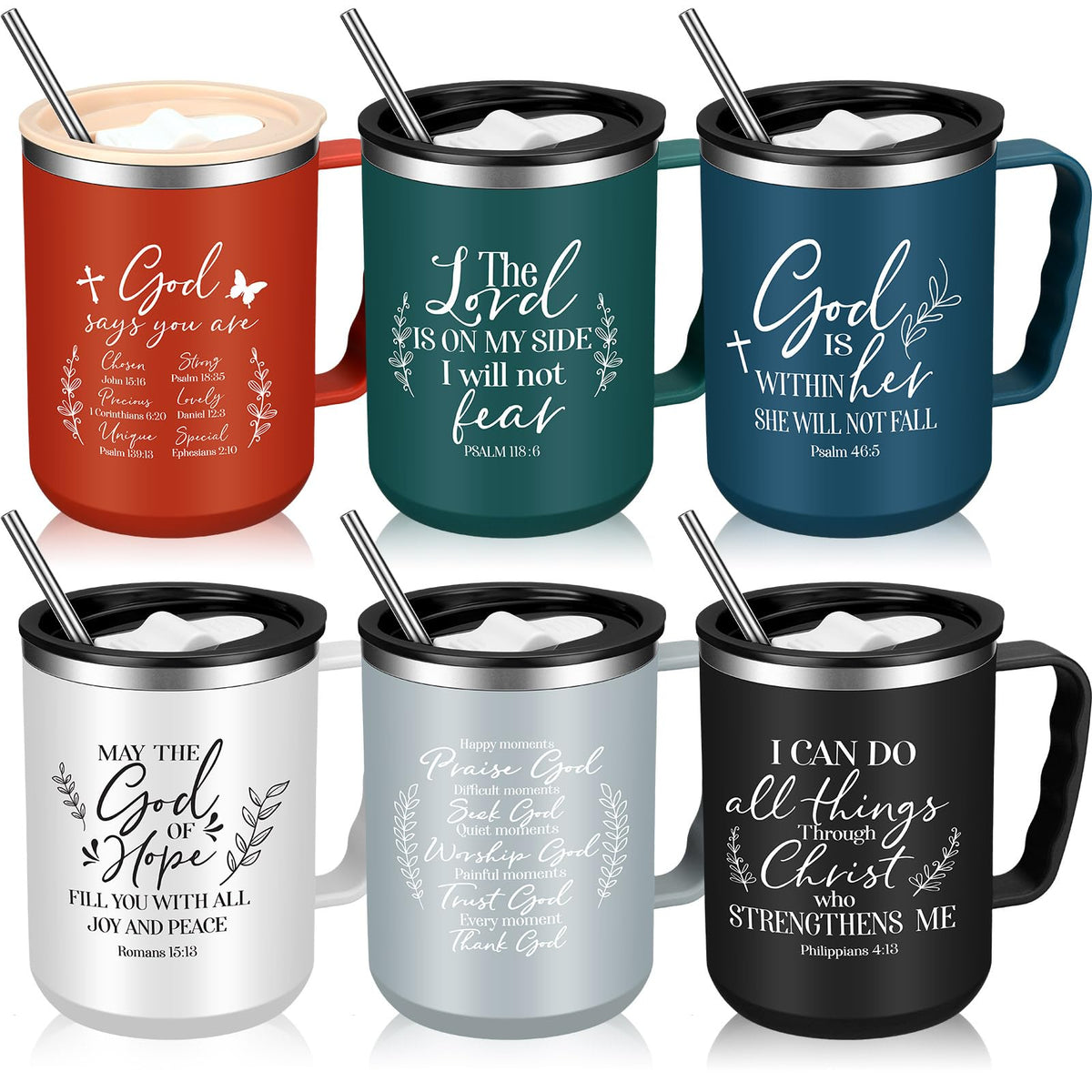 Nitial Christian mug set with lids and straws for daily coffee.