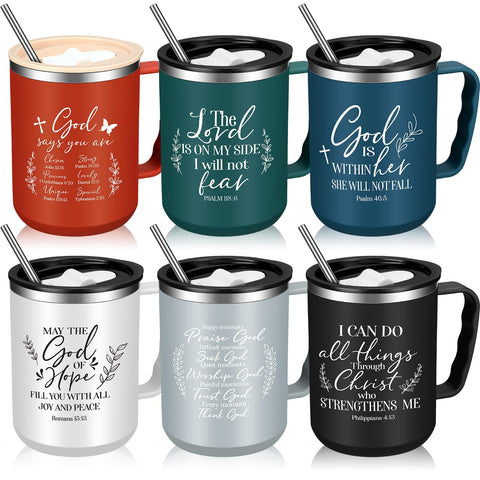 Nitial Christian mug set with lids and straws for daily coffee.