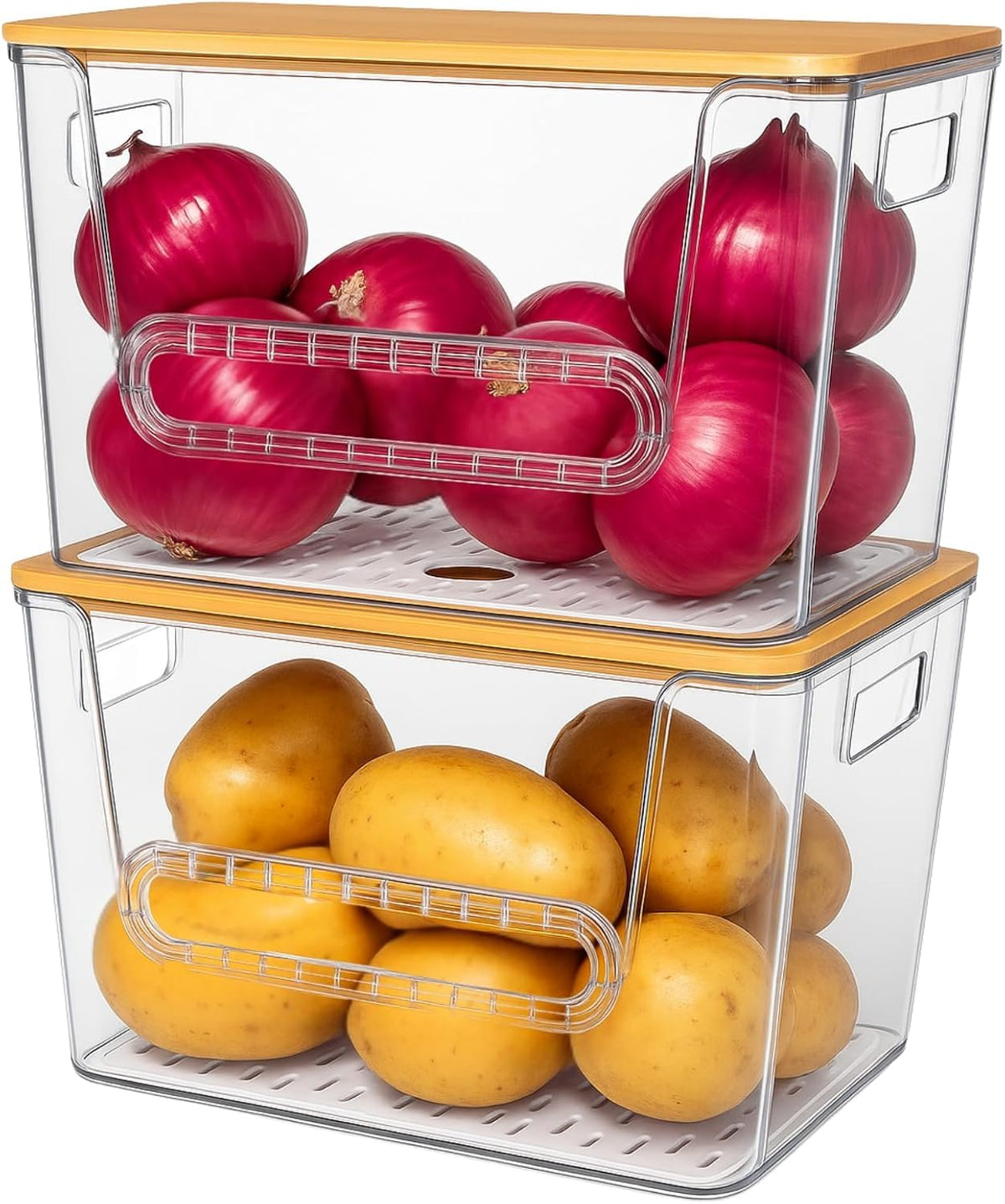 NITOOR stackable pantry organizers for compact kitchen storage.