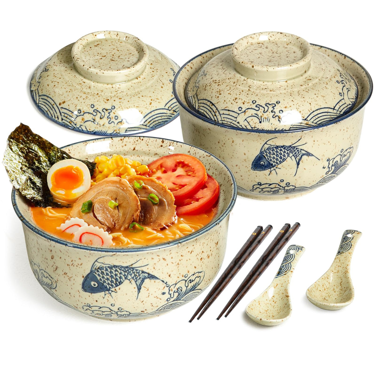 Niturceal ramen bowl set with lids keeps soup warm for enjoying meals.