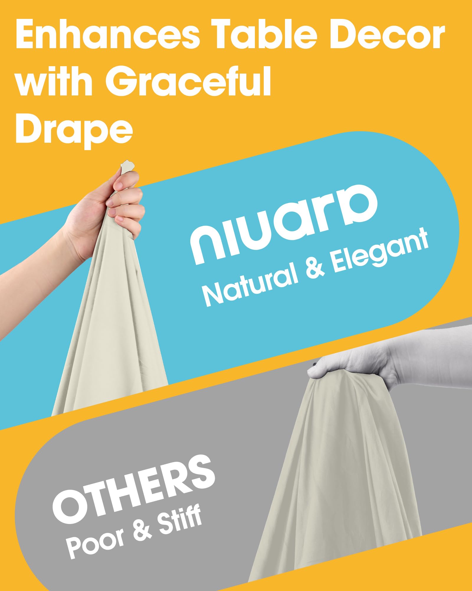 Niuara ivory tablecloth resists heat to protect surfaces during meals.