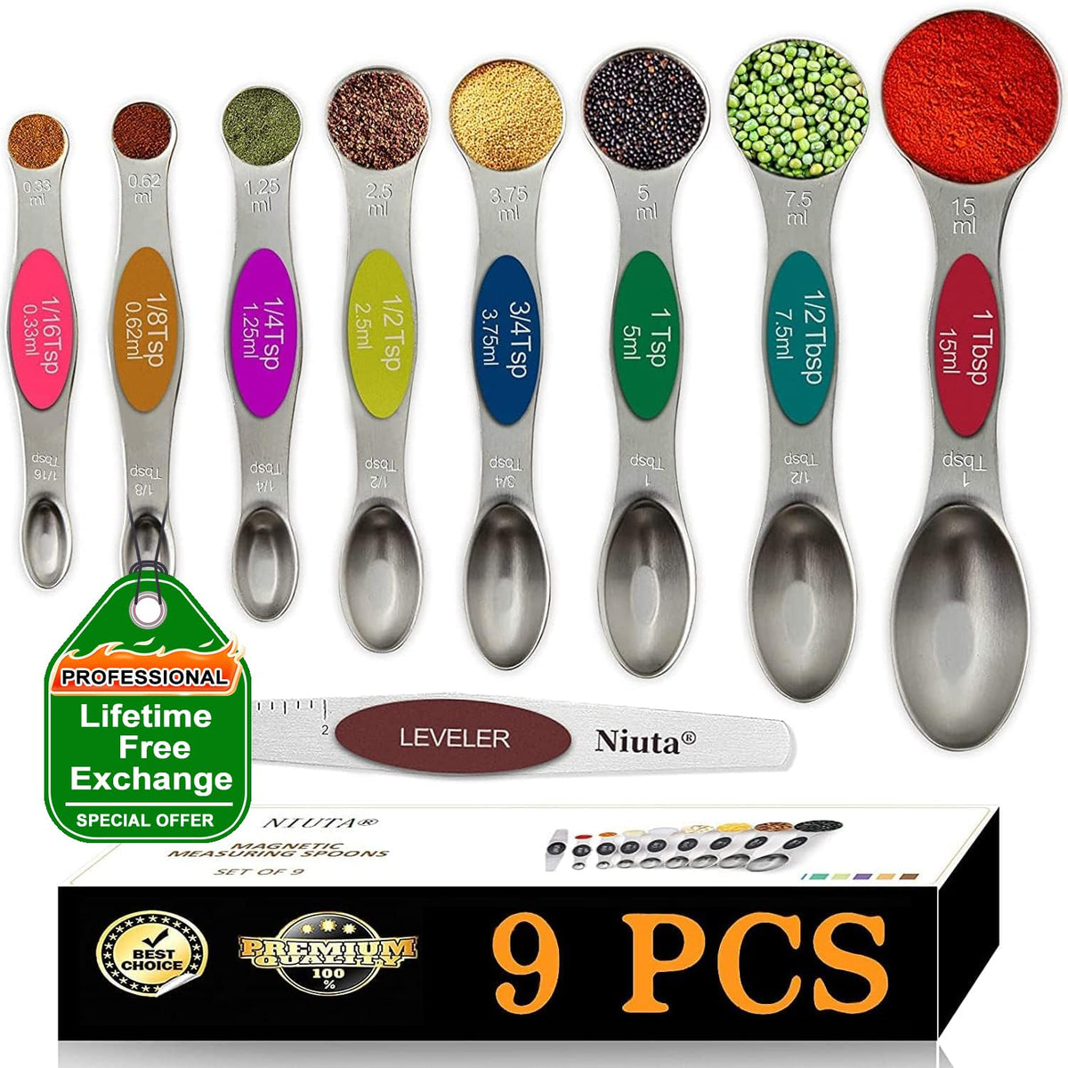 NIUTA magnetic measuring spoons set with color codes for quick size identification in cooking.
