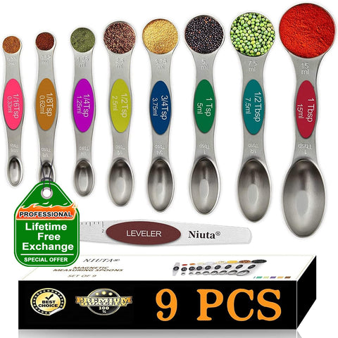 NIUTA magnetic measuring spoons set with color codes for quick size identification in cooking.