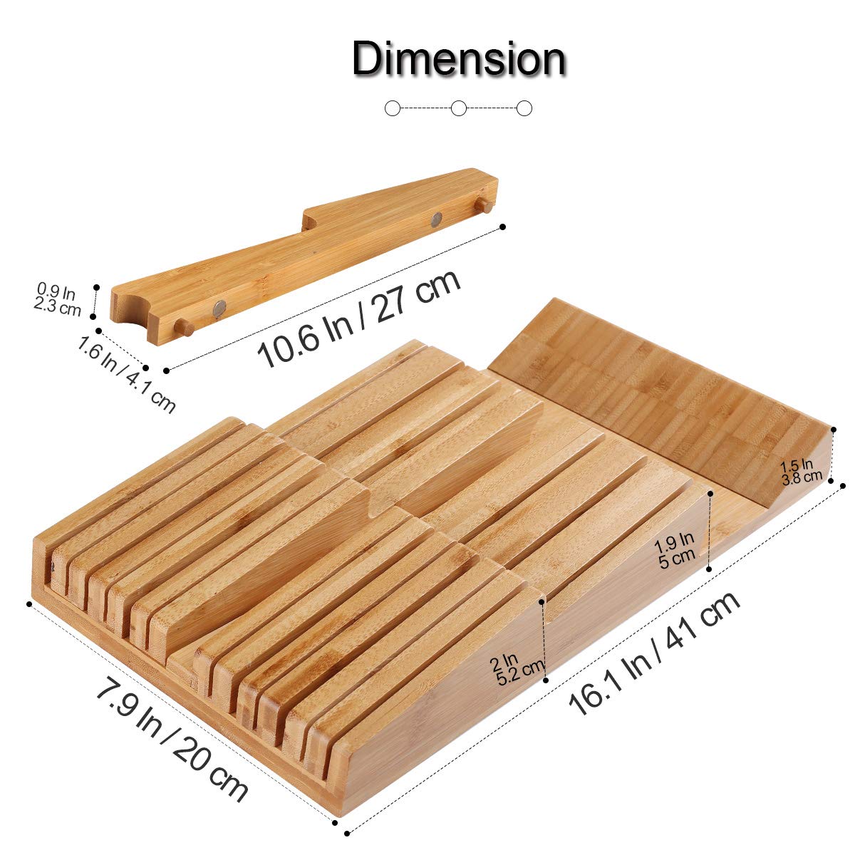NIUXX bamboo drawer organizer top view highlights non-slip design and blade protection
