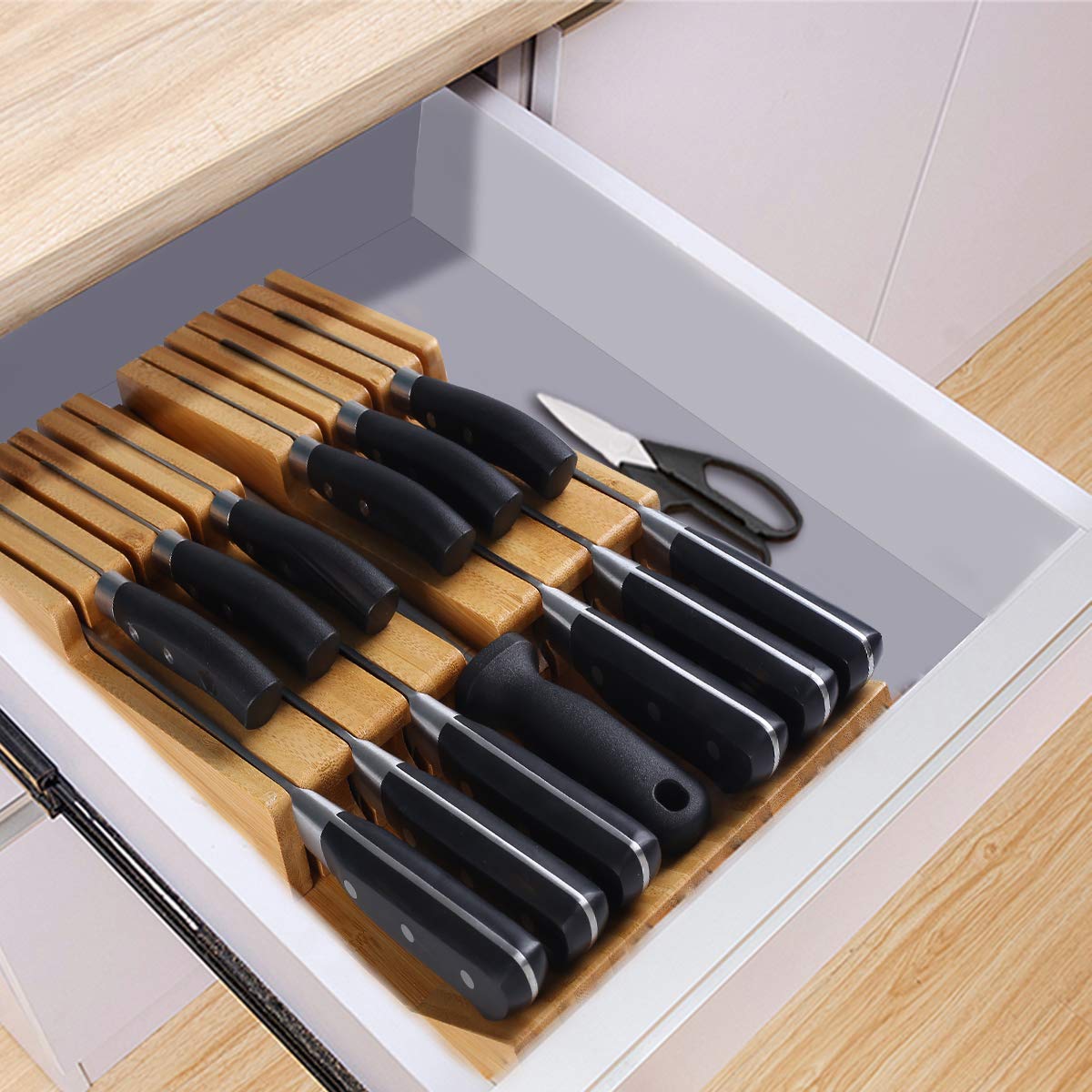 NIUXX bamboo drawer includes knife sharpener for convenient maintenance