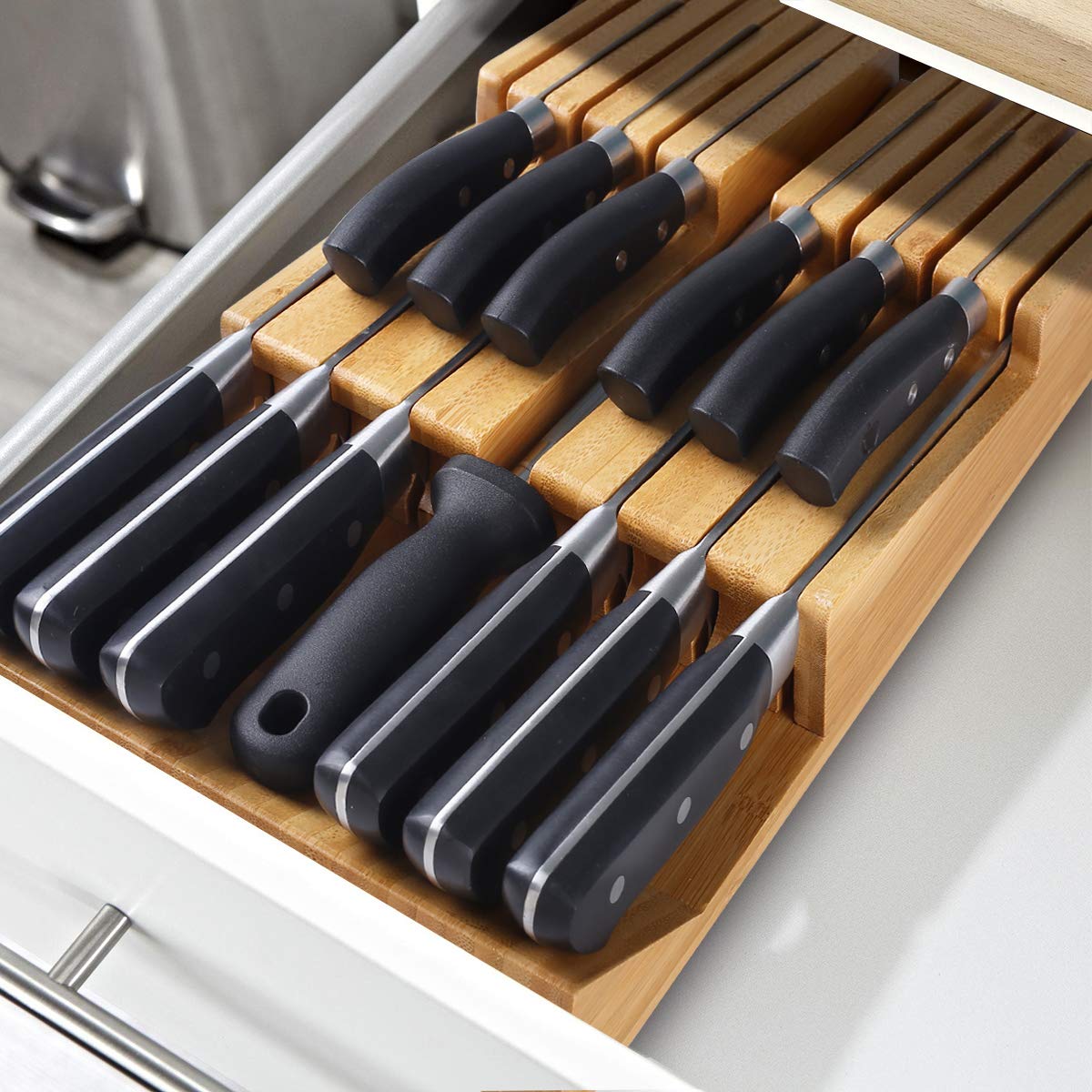 NIUXX bamboo organizer fits standard drawers, keeping countertops clear and clutter-free