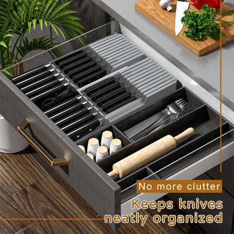 NIUXX stores twenty knives and sharpening rod (not included) for streamlined prep