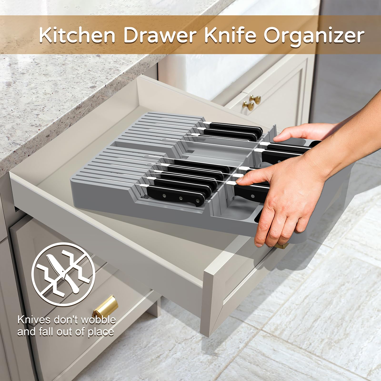 NIUXX in-drawer handle area accommodates various knife sizes with a non-slip pad