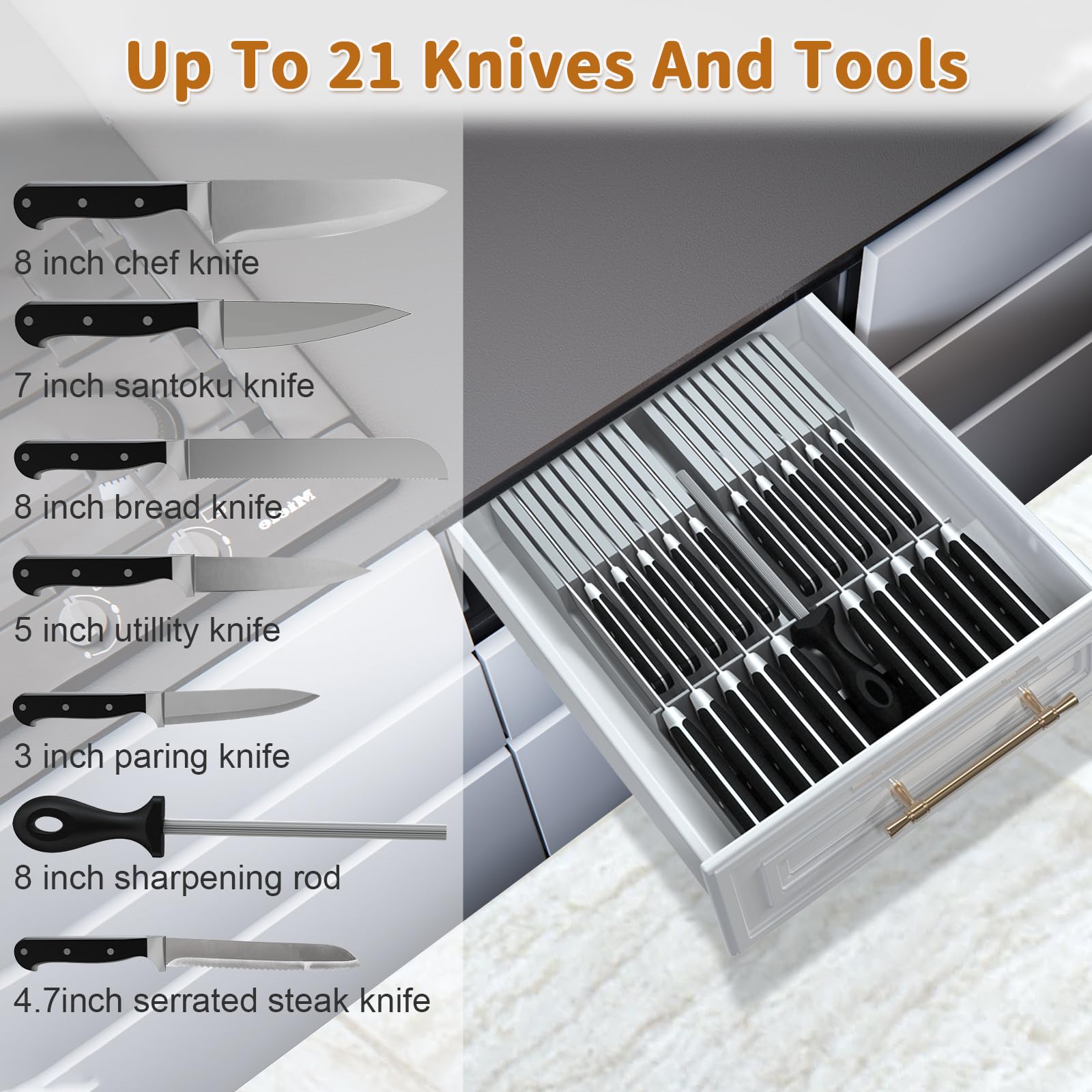 NIUXX knife drawer block securely holds twenty blades for quick access