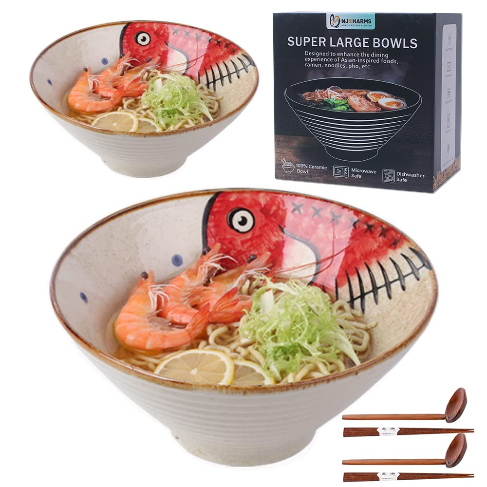 NJCHARMS ceramic ramen bowl 60oz set shows generous portions for soups and noodles