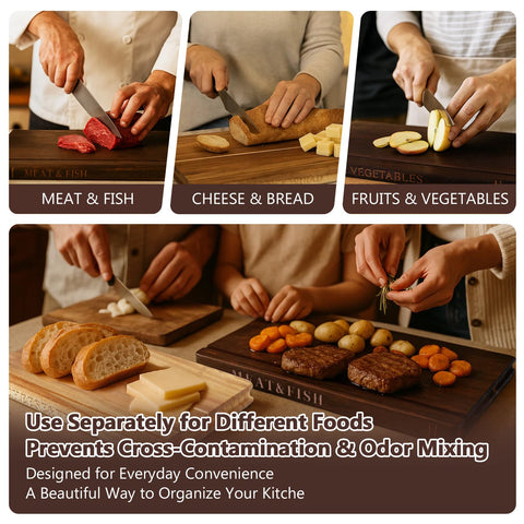 NKDFRI acacia boards labeled Fruits & Vegetables for safe prep.