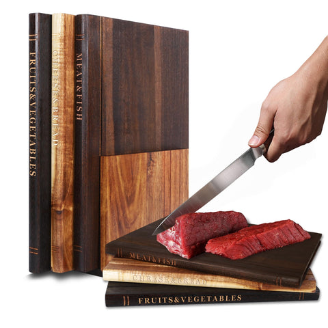 NKDFRI book cutting boards with stand, left view, space-saving kitchen prep.
