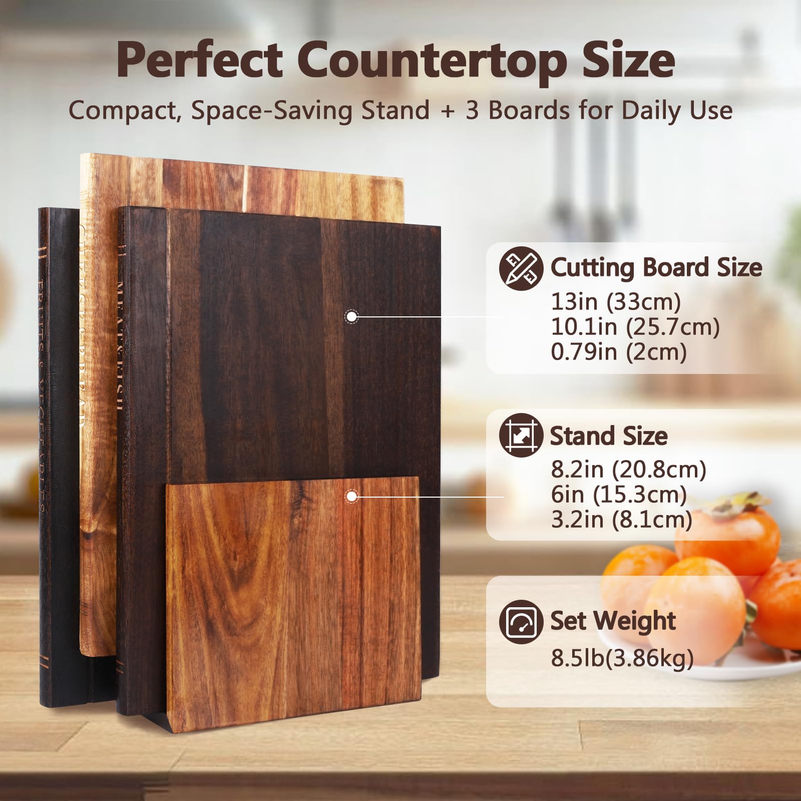 NKDFRI book-shaped boards on counter with upright stand display.