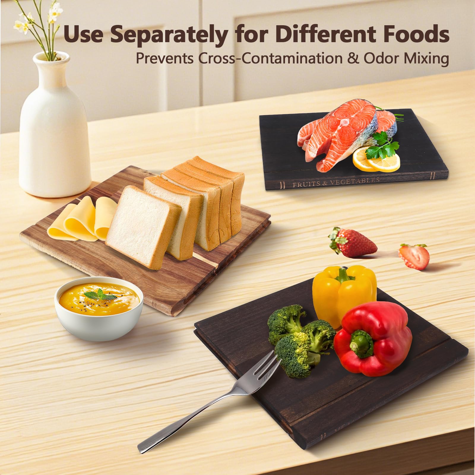 NKDFRI durable acacia surface, knife-friendly and easy to clean.