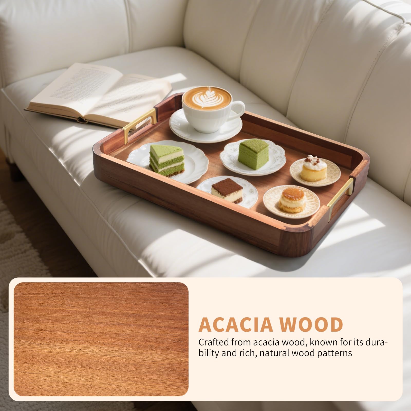 NLHL Acacia Wood Serving Tray with metal handles showcases durable, easy-grip details.