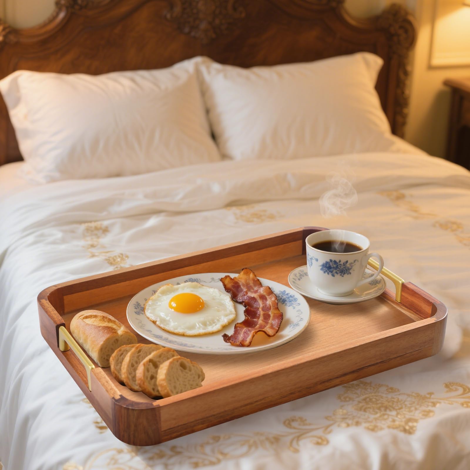 NLHL Acacia Wood Serving Tray on ottoman for convenient serving and decorative flair.
