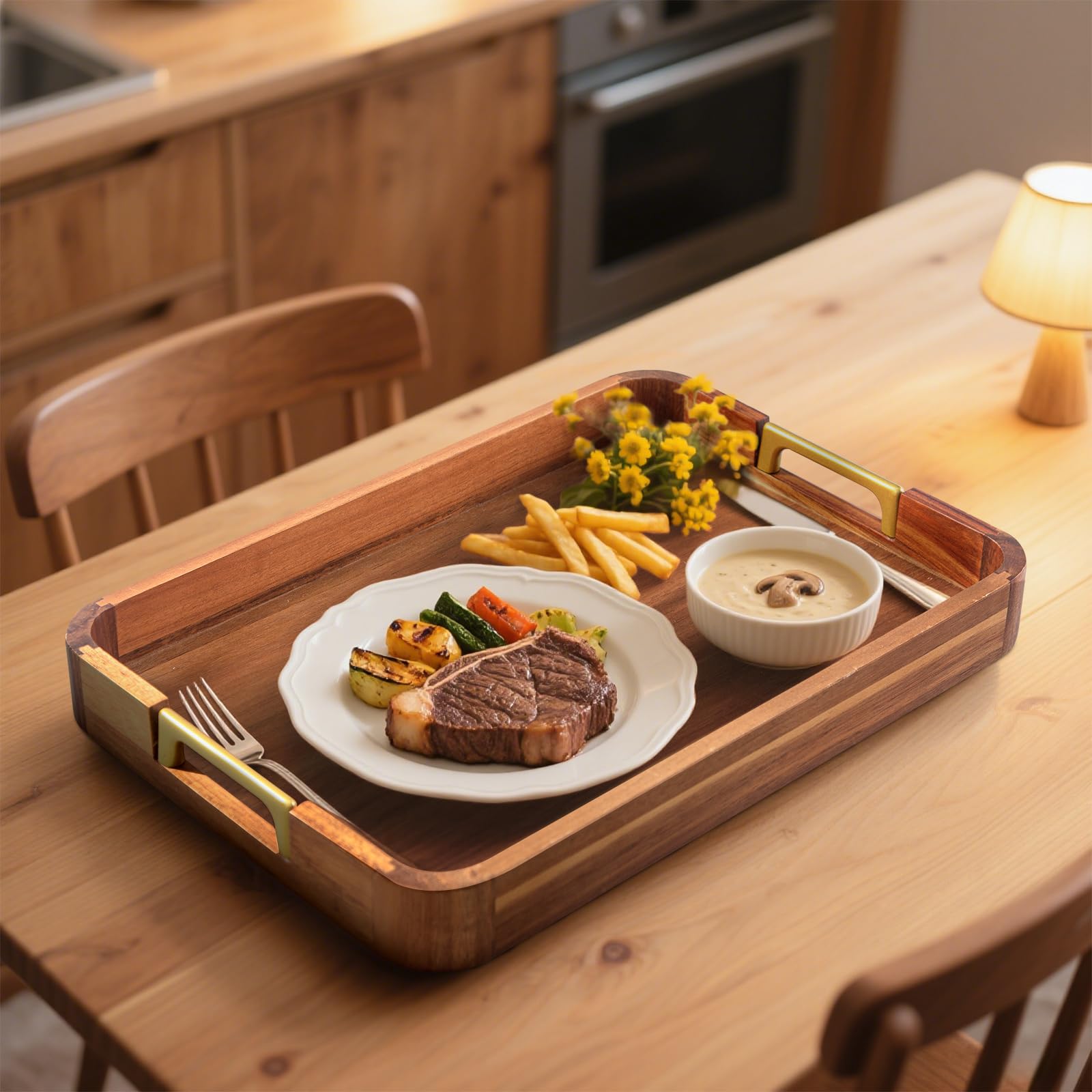 NLHL Acacia Wood Serving Tray wide handles ease transportation.
